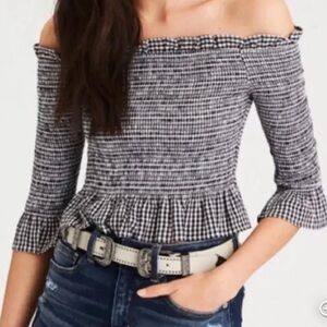 American eagle size XS black gingham smocked crop top